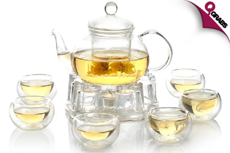 From QR89 Drink Up with an Elegant Glass Tea Set - Includes Teapot, Teacups & Teapot Warmer! (Up to QR298 Value)
